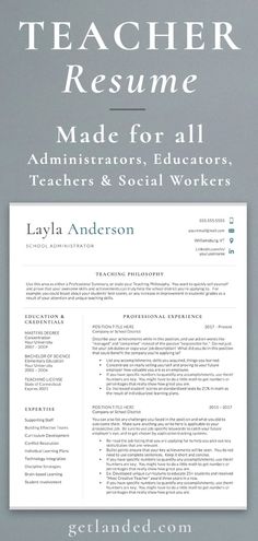 a professional resume template for teachers and students with the title teacher resume made for all