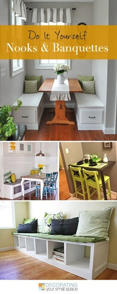 there are pictures of different rooms and furniture in this house with the words do it yourself, nooks & banquetes