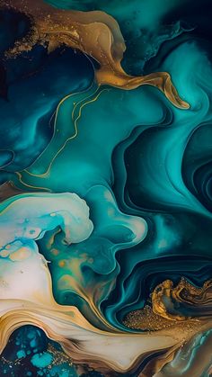 an abstract painting with blue, gold and white colors on it's surface is featured in this image