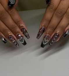 Coffin Nails With Gems, Jade Nguyen, Nails With Gems, Gem Nail Designs, Rave Nails, Black Almond Nails, Birthday Nail Designs, Checkered Nails, Sheer Nails