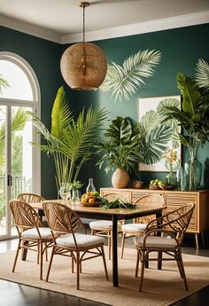 a dining room with green walls and plants