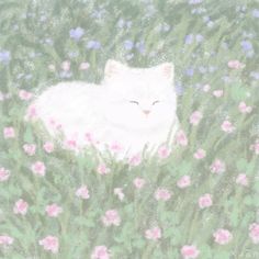 a drawing of a white cat laying in the grass with pink and blue flowers around it