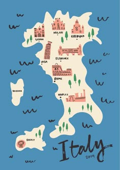 an illustrated map of italy in blue and white with the words italy written on it