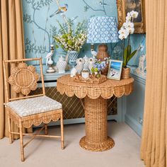 a wicker table with two chairs and pictures on it