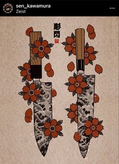 an image of two flowers on some kind of wall paper with chopsticks in it