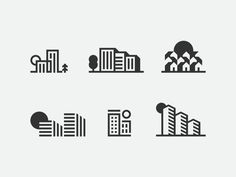 buildings icons set in black and white on a light gray background, including skyscrapers