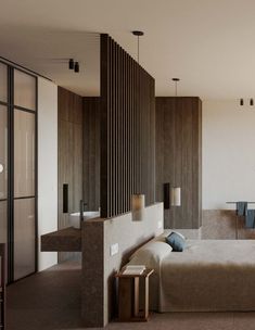 a living room filled with furniture next to a wall covered in wooden slatted walls