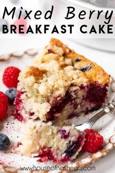 a slice of mixed berry breakfast cake on a plate