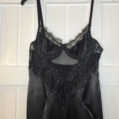 Has A Hole Where It The Lace And Silk Material Threading Came Apart, Could Be Easily Repaired With A Stitch. Never Worn Just Tried On. Hole Was There When I Received The Item. Fitted Camisole Sleepwear For Evening, Fitted Evening Camisole Sleepwear, Black Fitted Sleeveless Chemise, Black Fitted Party Chemise, Sleepwear Fashion, Lingerie Dress, Silk Material, Threading, Women's Intimates