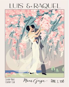 a couple kissing under cherry blossom trees in front of the words, louis & rachel