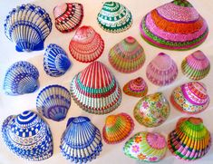 there are many colorful shells on the table