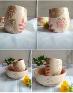 four different pictures of bowls with flowers in them and one has a flower on it