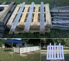 several different types of wooden pallets in various stages of being used to build a fence