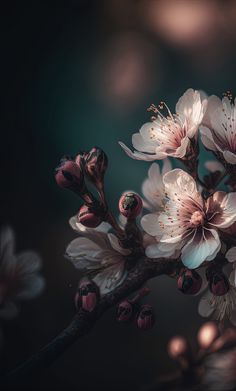 some white and pink flowers on a tree branch with blurry lights in the background