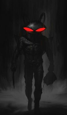 a man with red eyes is walking through the dark woods in front of an evil demon