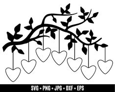 three hearts hanging from a tree branch with the words svg and png - jpf