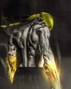 the back of a man with yellow hair and no shirt on, standing in front of a black background