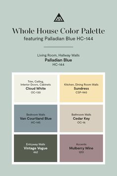 the whole house color palette featuring palladian blue, living room, hallway walls and kitchen cabinets