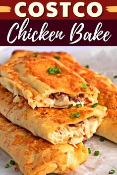 the chicken bake is stacked on top of each other and ready to be eaten