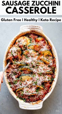 a casserole dish is shown with text overlay that reads gluten free, low carb, keto zucchini casserole