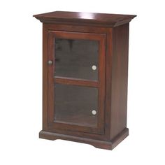 a wooden cabinet with two glass doors