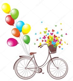 a bicycle with balloons and stars on the handlebars is parked in front of a white background