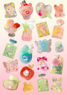 a bunch of small plastic items on a pink background