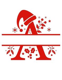 the letter a is decorated with holly leaves and santa's hat