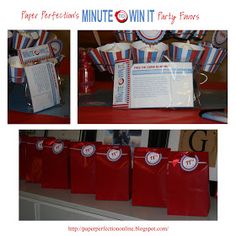 some red and white bags are sitting on a table