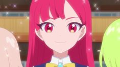 an anime character with pink hair and red eyes looking at the camera while standing in front of two other characters