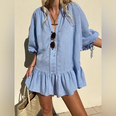 Worn Once. In Great Used Condition. Pleated Dress Casual, Ropa Shabby Chic, Loose Mini Dress, 60's Style, Pleated Shirt Dress, Button Shirt Dress, Lantern Sleeve Dress, Resort Dresses, Frill Dress