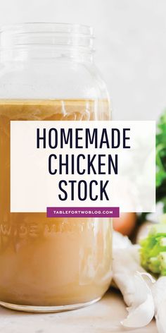 homemade chicken stock in a mason jar with text overlay