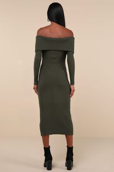 The Lulus Trendy Aura Olive Green Off-the-Shoulder Zip-Front Sweater Dress is the perfect mix of snuggly and sexy! Soft and stretchy ribbed knit shapes this sweater dress with an off-the-shoulder neckline and a foldover bodice that overlays long sleeves (with hidden no-slip strips at the shoulders). Exposed silver zipper accents the neckline for customizable styling, and continues through the center of the bodycon silhouette that finishes at a chic midi hem. Fit: This garment fits true to size. Fall Dresses For Women, Dresses For Fall, Green Sweater Dress, Cozy Sweater Dress, Zip Front Sweater, Bodycon Sweater Dress, Front Sweater, Silver Zipper, Midi Dress Casual