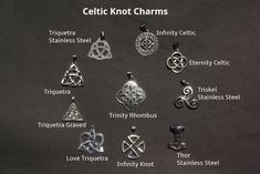 an assortment of celtic knot charms on a black background with the names and symbols below them