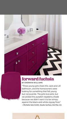 a bathroom with pink cabinets and black and white checkered flooring in the background