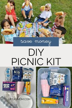 some kids are sitting on the grass and having fun with their picnic items in front of them