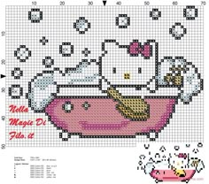 a cross stitch pattern with a pink bathtub and hello kitty in the tub on it