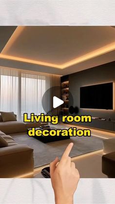 a living room decorated in brown and white with the words living room decoration above it