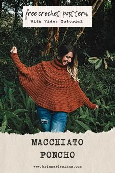 The Macchiato Crochet Poncho Pattern is fun to work up in a bulky weight yarn. The Macchiato Sweater is worked from the top down in sizes baby to 3X. The puff stitch rows in the yoke add a soft wreath-like detail. This is a great addition to a fall and winter wardrobe. Crochet Poncho With Sleeves, Crochet Poncho Pattern, Crochet Mitts, Poncho With Sleeves, Crochet Clothing Patterns, Autumn Crochet, Crochet Poncho Free Pattern