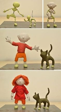 four different images of an action figure with a cat and dog on the same block