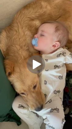 a baby sleeping next to a large dog