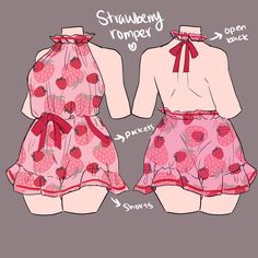 a drawing of a strawberry romper and dress with bows on the collar, front and back