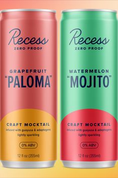 two cans of watermelon and mojito on a yellow background with the words recess zero proof