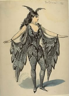 a drawing of a woman dressed in an elaborate costume with feathers on her head and arms