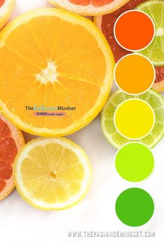 there are many different colored fruits on the table and one is orange, lime, grapefruit, lemonade, and watermelon