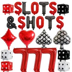 balloons, dices, and other items are arranged in the shape of letters that spell shots