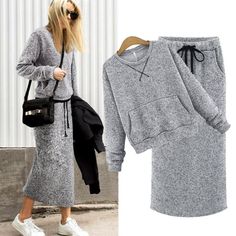 Womens Winter Dresses, Calf Length Skirts, Cashmere Hoodie, 2 Piece Skirt Set, Matching Sweaters, Womens Dress Suits, Outwear Women, Cooler Look, Winter Skirt