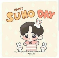 a cartoon character with bunny ears and the words happy suho day