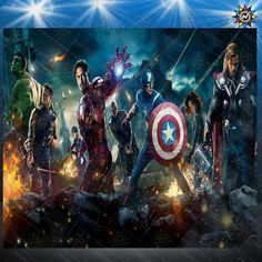 the avengers movie poster is shown in front of an image of many different characters and their costumes