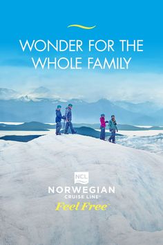 three people standing on top of a snow covered hill with the words wonder for the whole family